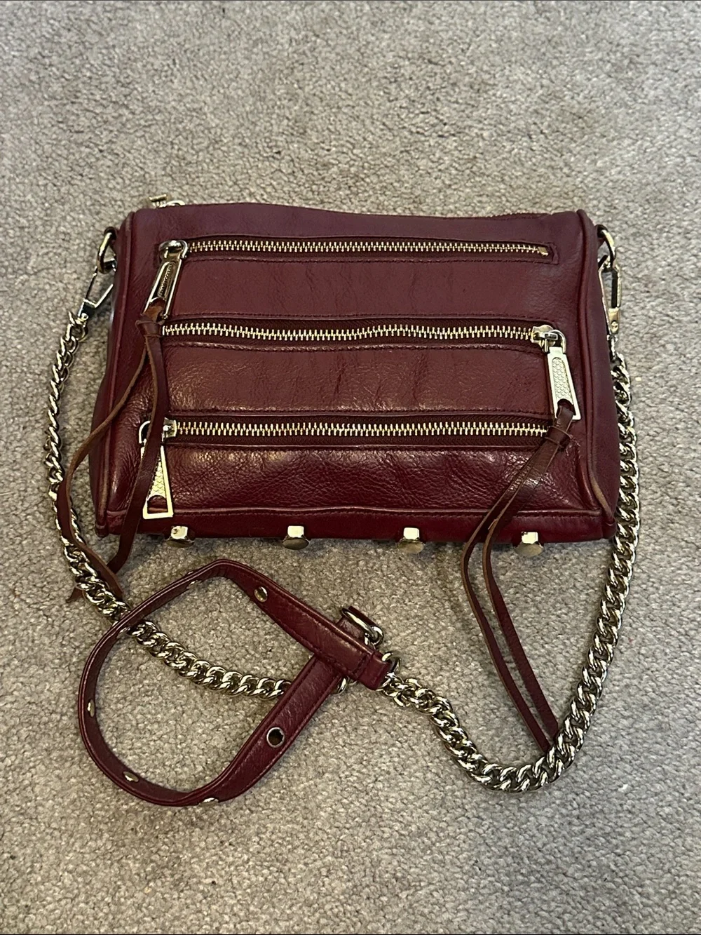 Rebecca Minkoff Burgundy Real Leather Crossbody with Chain Strap and Studs GUC